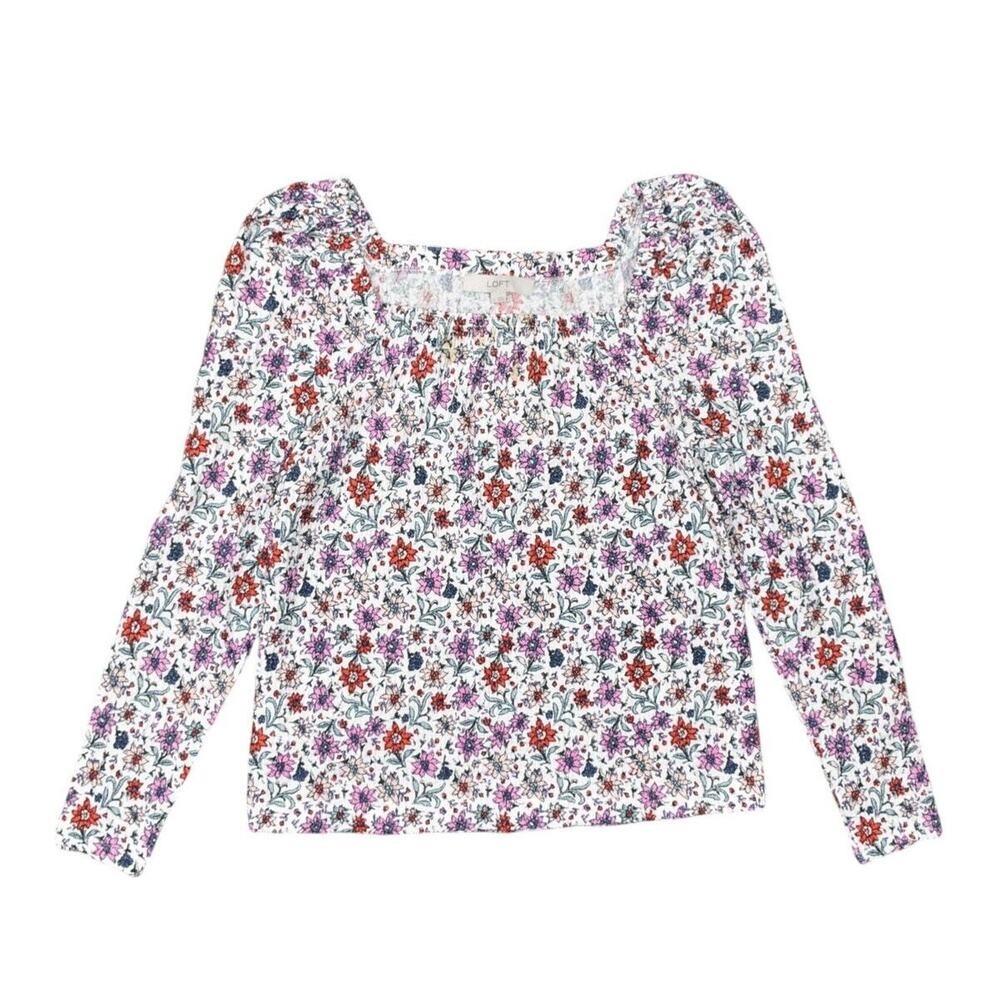 Loft Purple Floral Square Neck Blouse Polyester Long Sleeve Size S Top
